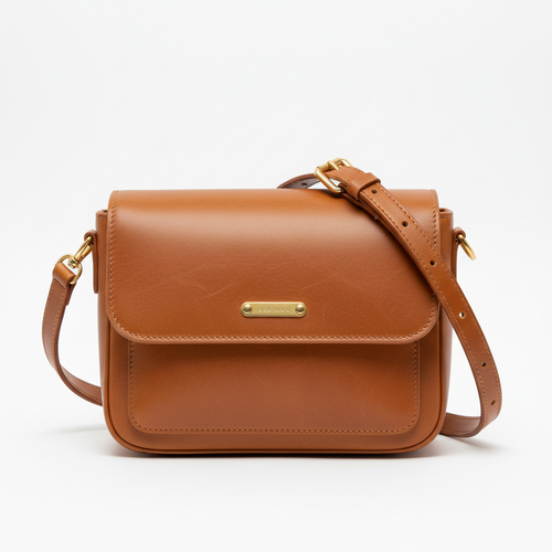 Genuine Leather Crossbody Bag in tan brown with gold hardware